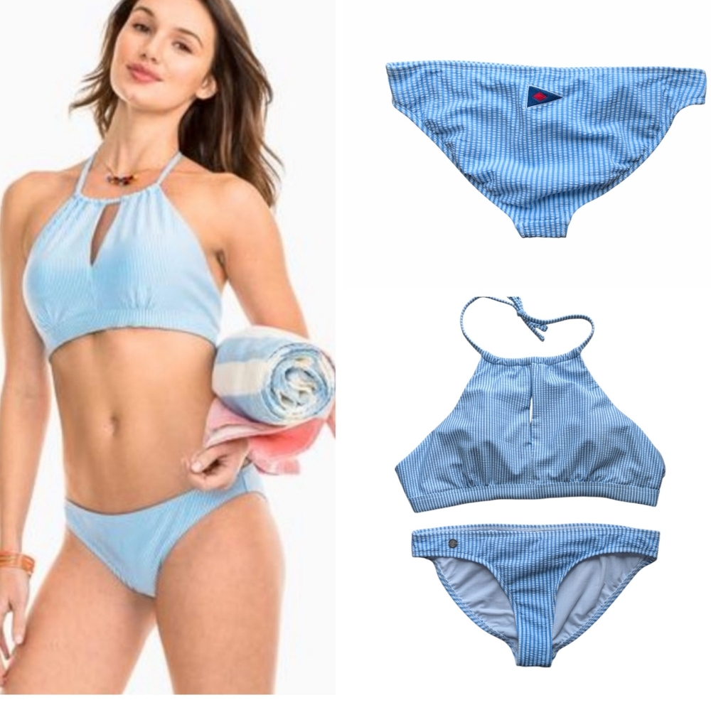 Southern Tide seersucker halter bikini set striped Boat Blue top Large bottom M